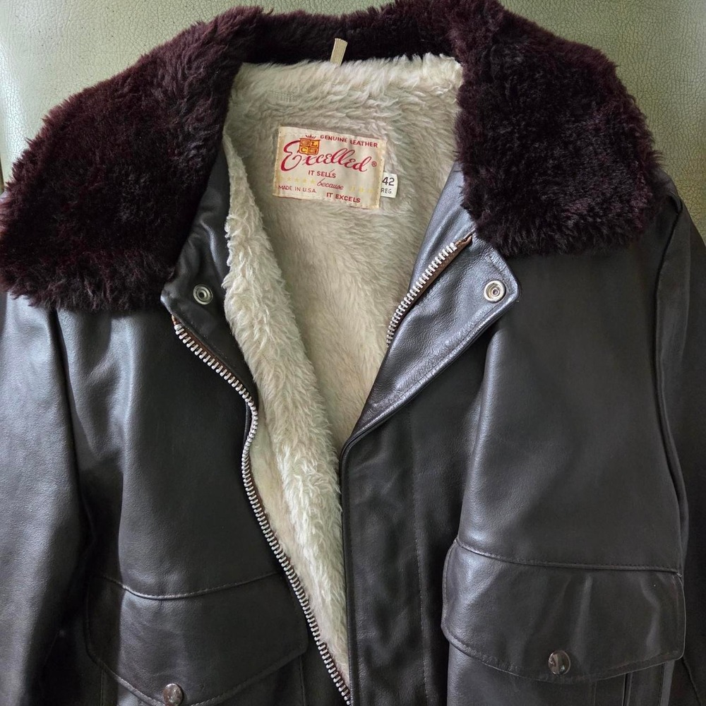 Vintage 1970s Excelled A2 Leather Sherpa Lined Bomber Jacket Brown 42 Reg